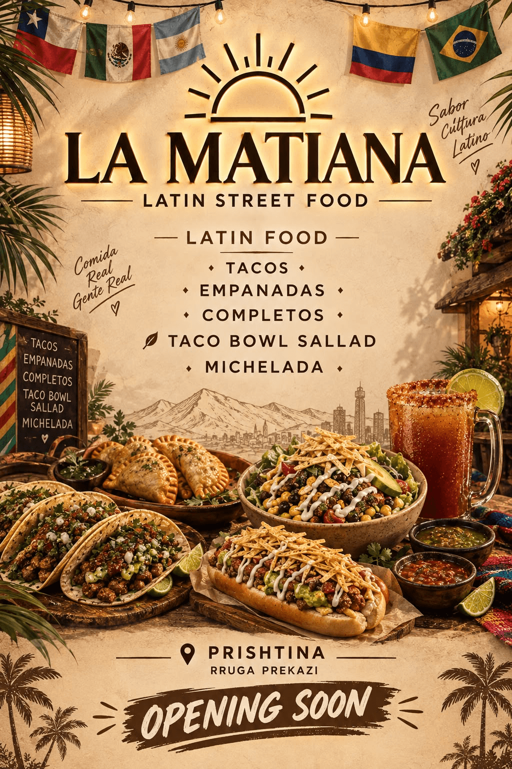 Tacos, empanadas, taco bowl salad and a michelada at La Matiana